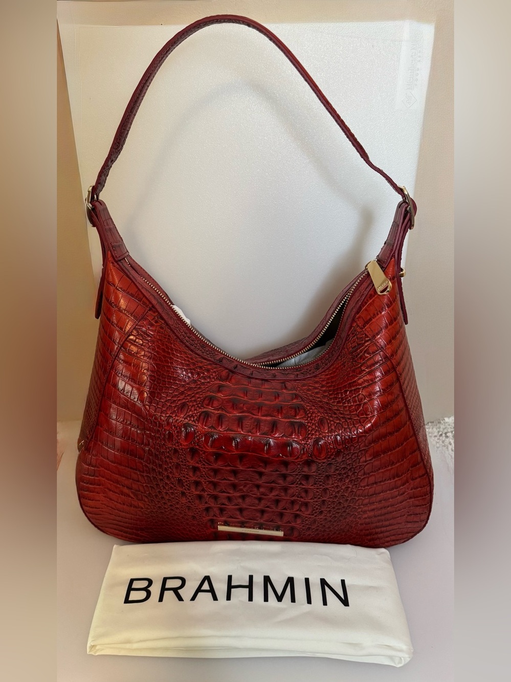 NWT Brahmin Edie Scarlet Alden Road Croc-Embossed Leather Shoulder Hobo